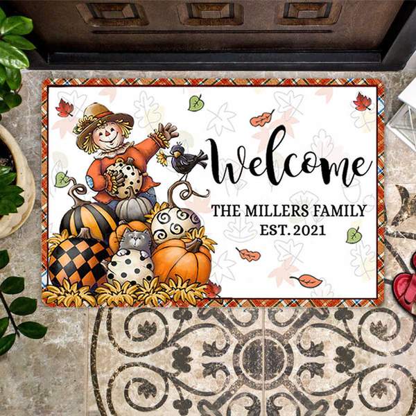 Personalized Welcome Doormat For Fall Lovers Cute Scarecrow & Plaid Stripe Polka Dot Pumpkin Custom Family Name & Date