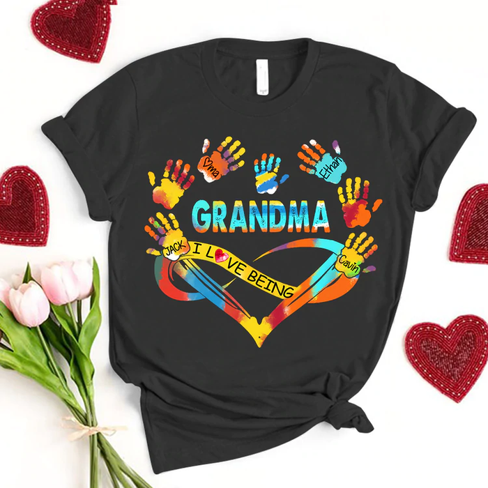 Personalized T-Shirt For Grandma Infinity Symbol With Heart & Handprint Print Colorful Design Custom Grandkid's Name