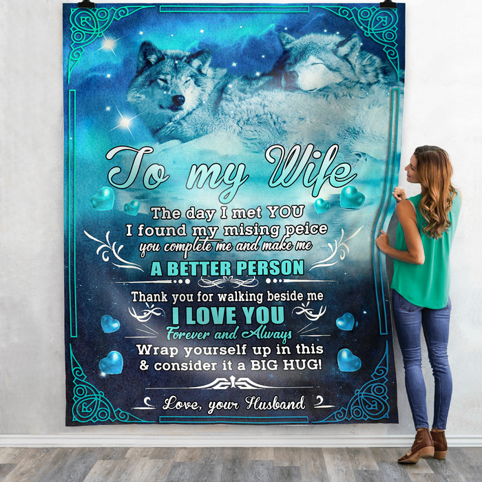 Personalized Valentine Blanket To My Wife The Day I Met You Romantic Wolf Couple Print Custom Name Fleece Blankets