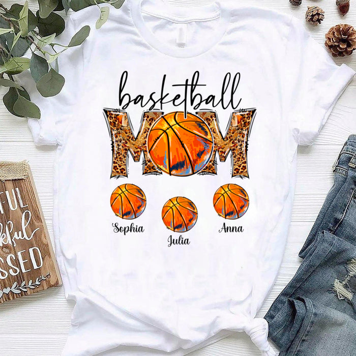 Personalized Basketball Lovers T-Shirt For Mom Mother Leopard Design With Basketball Printed Custom Kids Name