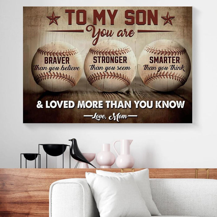 Personalized To My Son Canvas Wall Art From Mom Baseball Lovers You Are Braver Vintage Balls Custom Name Poster Prints