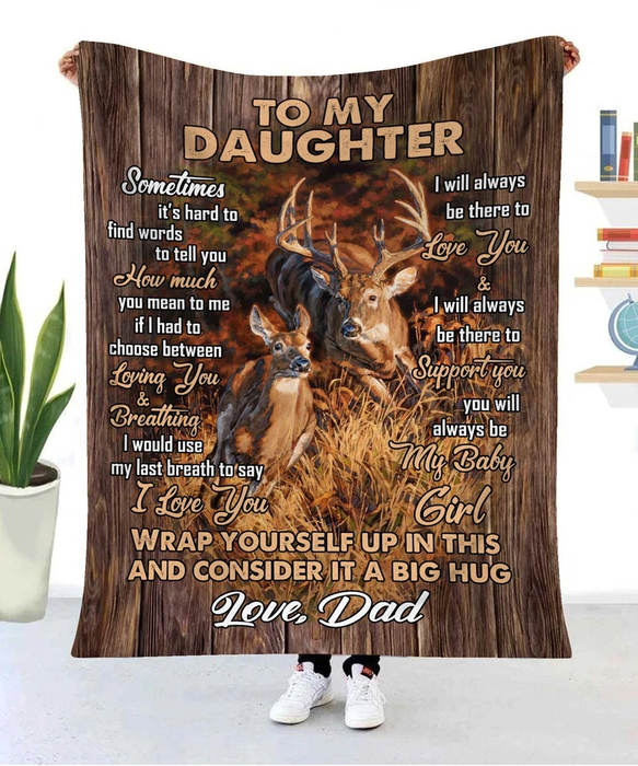 Personalized Wooden Fleece Blanket To My Daughter 3D Deer Family In The Forest Print Customized Name Sherpa Blanket