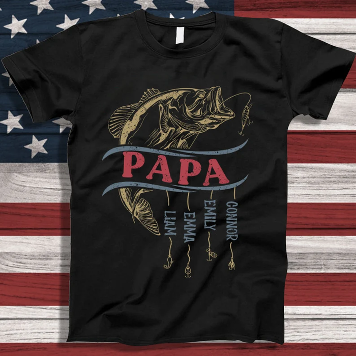 Personalized T-Shirt For Fishing Lovers To Grandpa Papa Vintage Style Fish Print Custom Grandkids Name