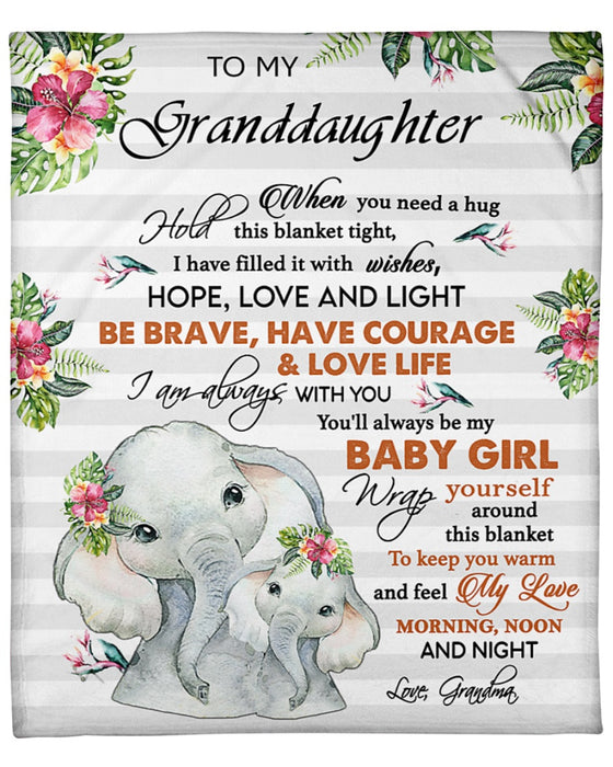 Personalized Lovely Fleece Blanket To My Granddaughter Rustic Floral & Elephants Hug Print Custom Name Blankets