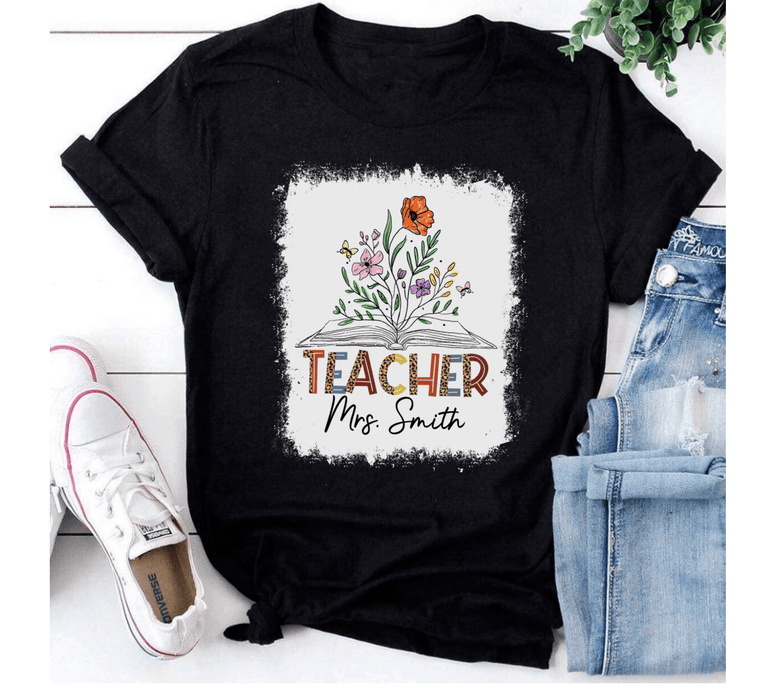 Personalized T-Shirt For Teachers Colorful Leopard Design Flower Print Custom Name Back To School Outfit