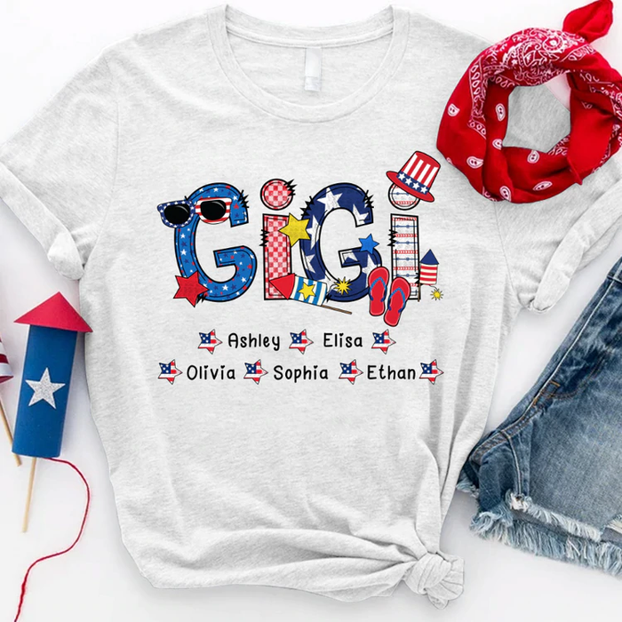 Personalized T-Shirt For Grandma Star & Flip Flops Print USA Flag Design Custom Grandkids Name 4th Of July Shirt