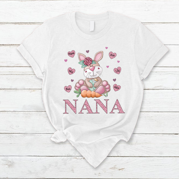 Personalized T-Shirt For Grandma Nana Bunny Flower Carrot & Heart Printed Custom Grandkids Name Happy Easter Day Shirt