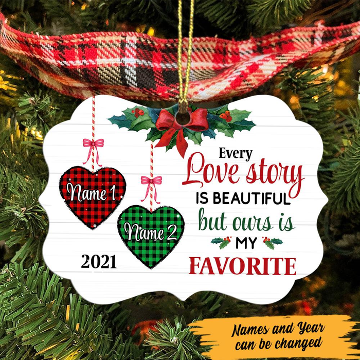 Personalized Ornament Gifts For Couples Ours Is My Favorite Buffalo Plaid Heart Custom Name Tree Hanging On Christmas