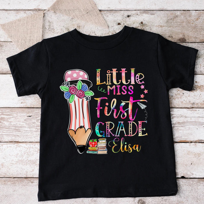 Personalized T-Shirt For Kids Little Miss First Grade Pencil Print Custom Name & Grade Level Back To School Outfit