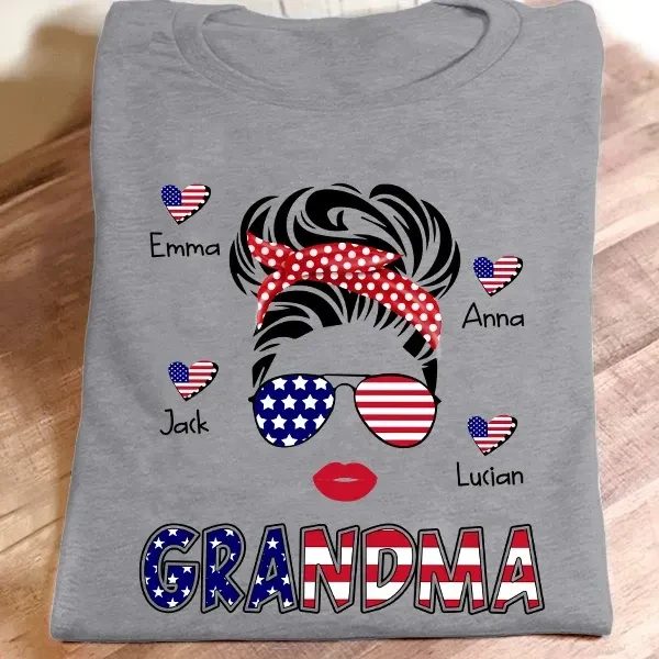 Personalized T-Shirt For Grandma Headband & Sunglasses With USA Flag Design Custom Grandkids Name 4th July Day Shirt