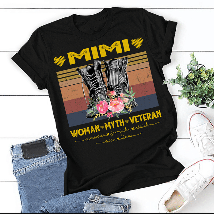 Personalized T-Shirt For Grandma Mimi Woman Myth Veteran Military Combat Boots Printed With Flower Custom Grandkids Name