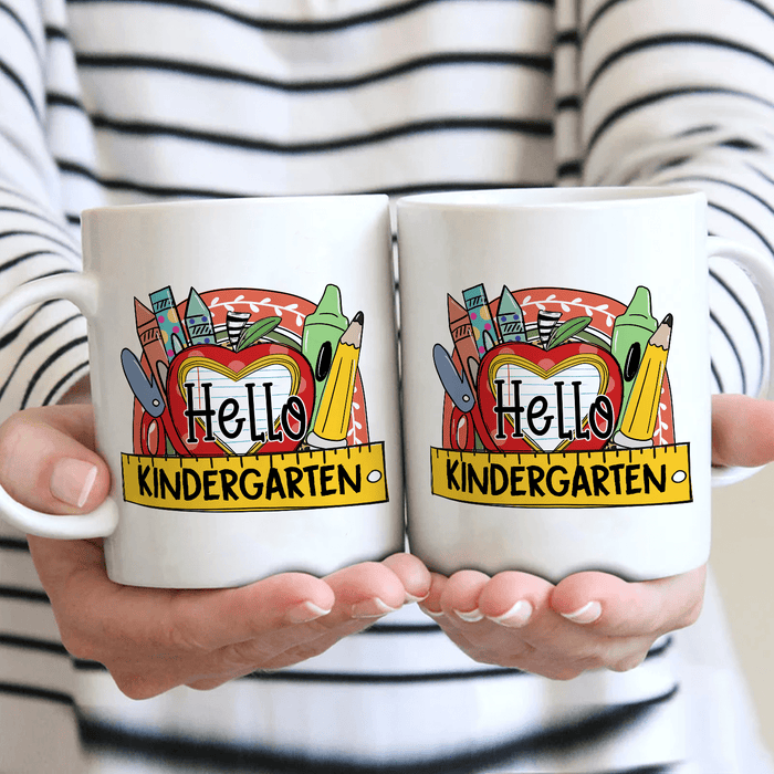 Personalized Coffee Mug Gifts For Kids Hello Kindergarten Pencil Ruler Custom Grade Ceramic White Cup For Back To School