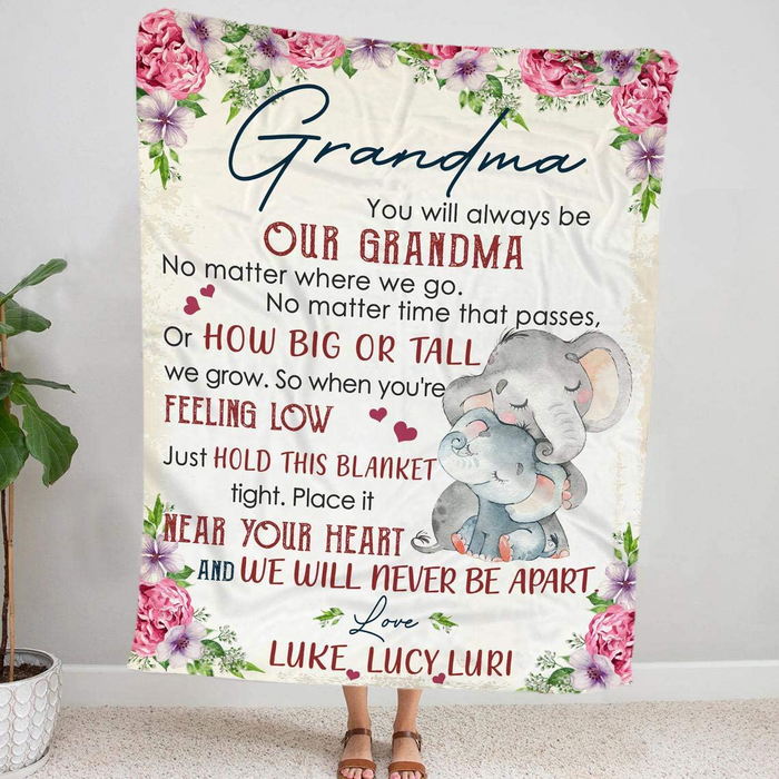 Personalized Flower Elephant Fleece Sherpa Blanket For Grandma From Grandchildren Custom Grandma With Grandkid Name