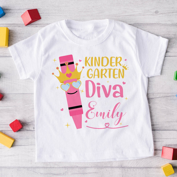 Personalized T-Shirt For Kids Kindergarten Diva Crayon With Crown Custom Name & Grade Level Back To School Outfit