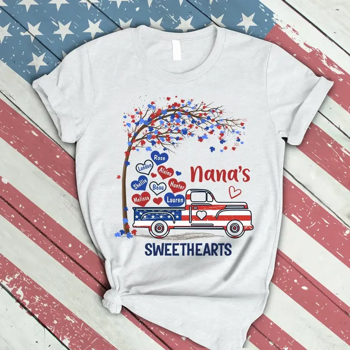 Personalized T-Shirt For Grandma USA Flag Design Tree & Truck Printed Custom Grandkids Name 4th Of July Shirt