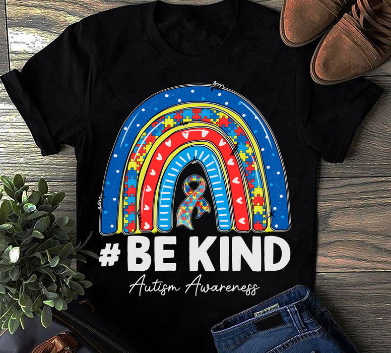 Classic Unisex T-Shirt For Autism Awareness Colorful Puzzle Rainbow Ribbon Hashtag Be Kind Autism Support Shirt