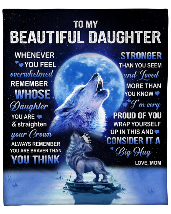 Personalized Lovely Blanket To My Beautiful Daughter Full Moon & Wolf Fleece Blanket Custom Name