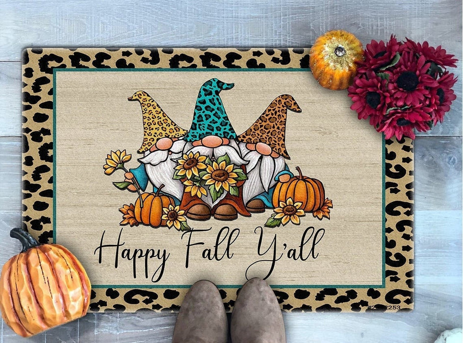 Welcome Doormat For Fall Lovers Happy Fall Y'all Cute Gnome With Pumpkin And Sunflowers Printed Leopard Design