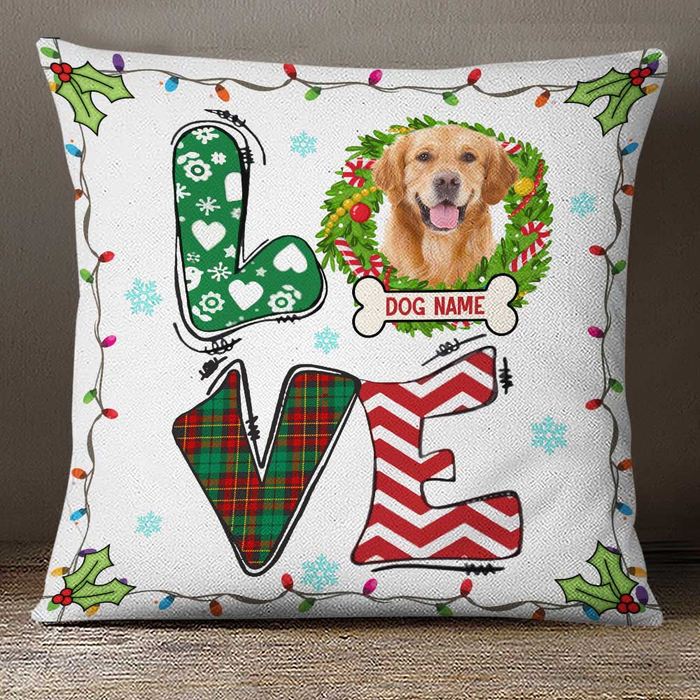 Personalized Square Pillow Gifts For Dog Lover Plaid Love Holly Light Wreath Custom Name Sofa Cushion For Christmas