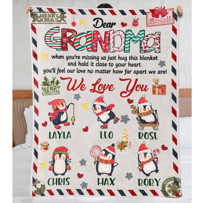 Personalized To My Grandmother Blanket From Grandkids Heart Penguins Letter Snowflakes Custom Name Gifts For Christmas