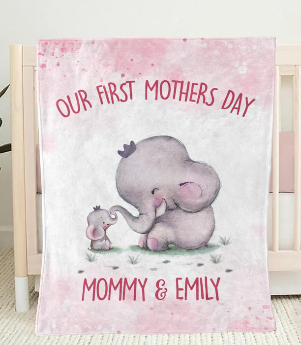 Personalized Premium Pink Blanket For New Mom Our First Mother'S Day Mommy & Daughter Cute Elephant & Baby Custom Name