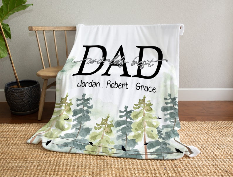 Personalized Simple Fleece Blanket For Dad From Daughter Son Watercolor Xmas Tree Design Prints Custom Dad & Kids Name