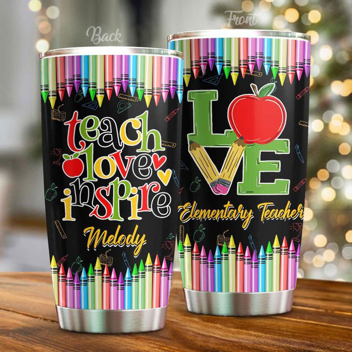 Personalized Tumbler For Teacher Teach Love Inspire Crayons Apple Custom Name Gifts For Back To School 20oz Travel Cup