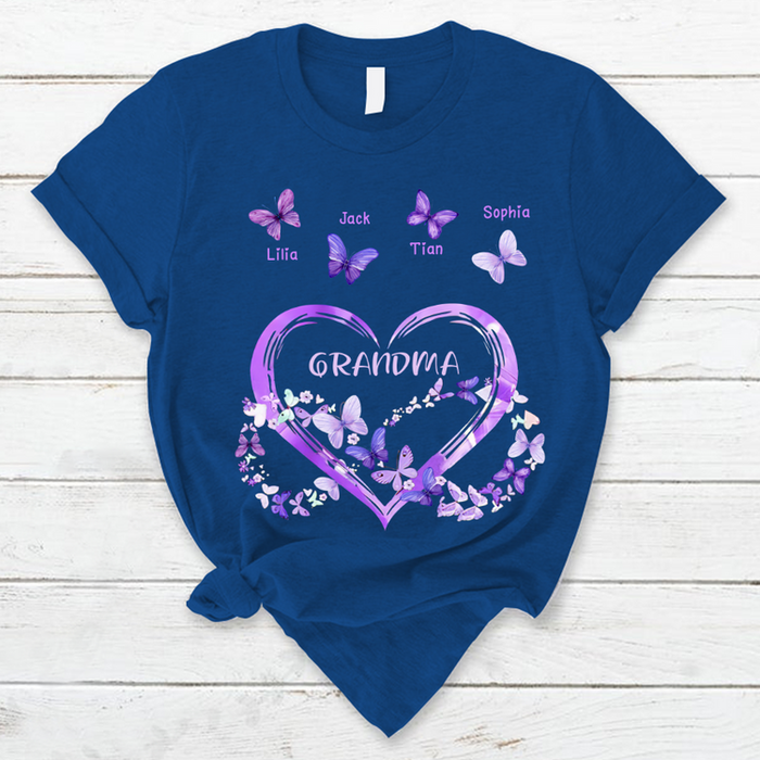Personalized T-Shirt For Grandma Purple Heart With Infinity Symbol & Butterfly Printed Custom Grandkids Name