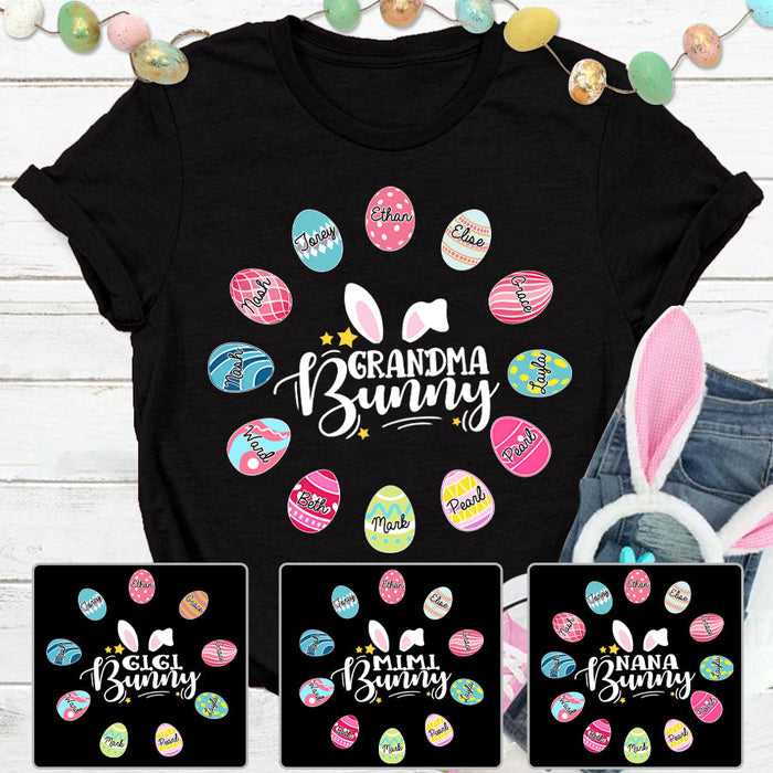 Personalized T-Shirt For Grandma Bunny Colorful Easter Eggs Printed Custom Grandkids Name Happy Easter Day Shirt