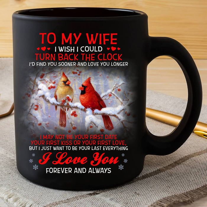 Personalized Coffee Mug For Wife From Husband Red Cardinal Snowflake In Winter Custom Name Black Cup Gifts For Christmas