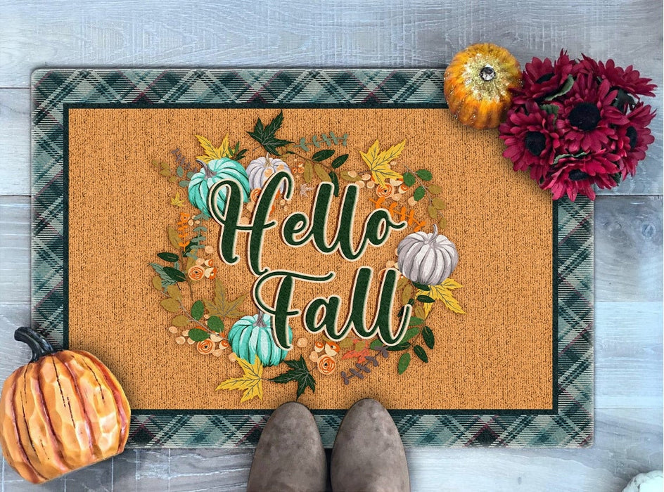 Welcome Doormat For Fall Lovers Hello Fall Circle Of Leaves Pumpkin Printed Plaid Design Thanksgiving Doormat
