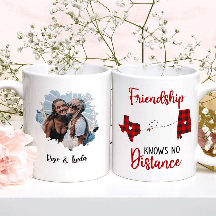 Personalized Coffee Mug For Besties Friendship Knows No Distance Plaid Custom Name Photo White Cup State To State Gifts