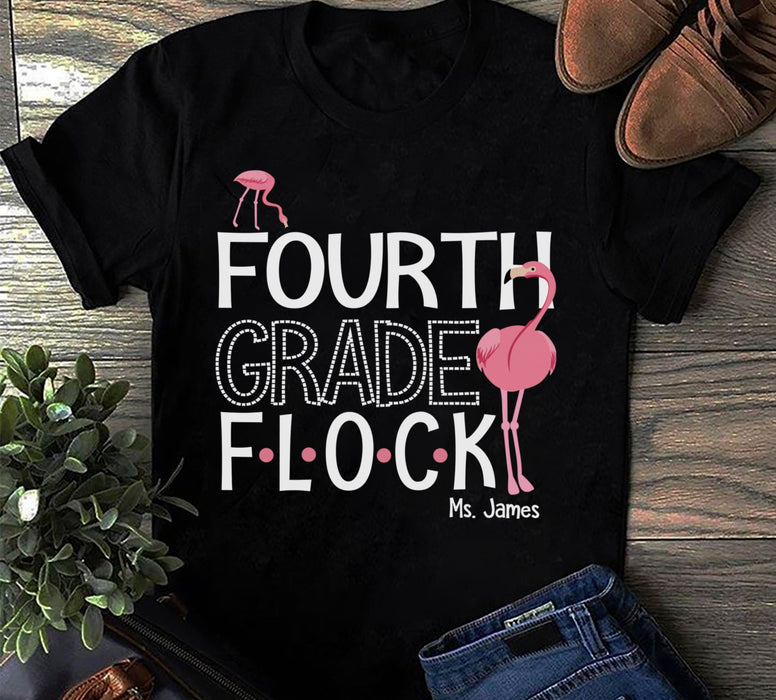 Personalized T-Shirt For Teacher Forth Grade Flock Pink Flamingo Printed Custom Name Back To School Outfit