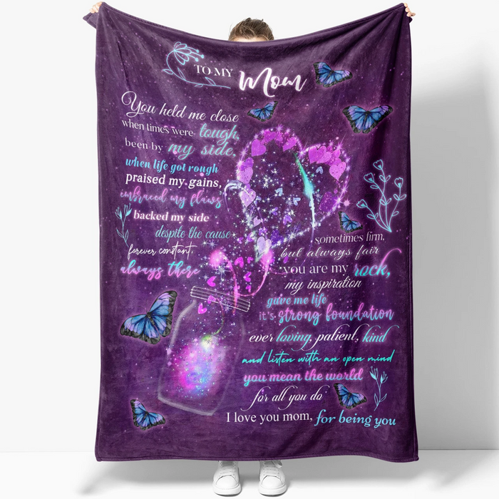 Personalized Fleece Blanket To My Mom You Held Me Close When Times Were Touch Jar Of Heart & Butterflies Printed