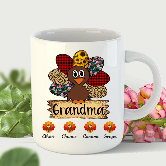 Personalized Coffee Mug Gifts For Grandma Plaid Leopard Turkey Fall Flowers Custom Grandkids Name Thanksgiving White Cup