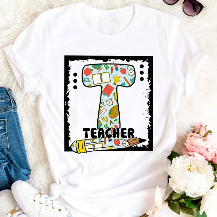 Classic Unisex T-Shirt For Teacher Color T Letter Design Pencil Apple Notebook Printed Back To School Outfit