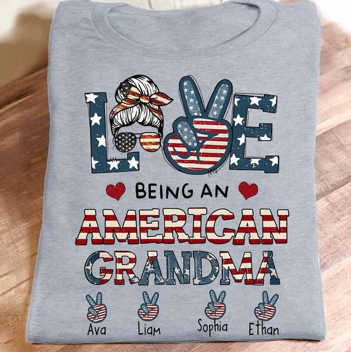 Personalized T-Shirt Being An American Grandma USA Flag Design Custom Grandkids Name 4th July Day Shirt