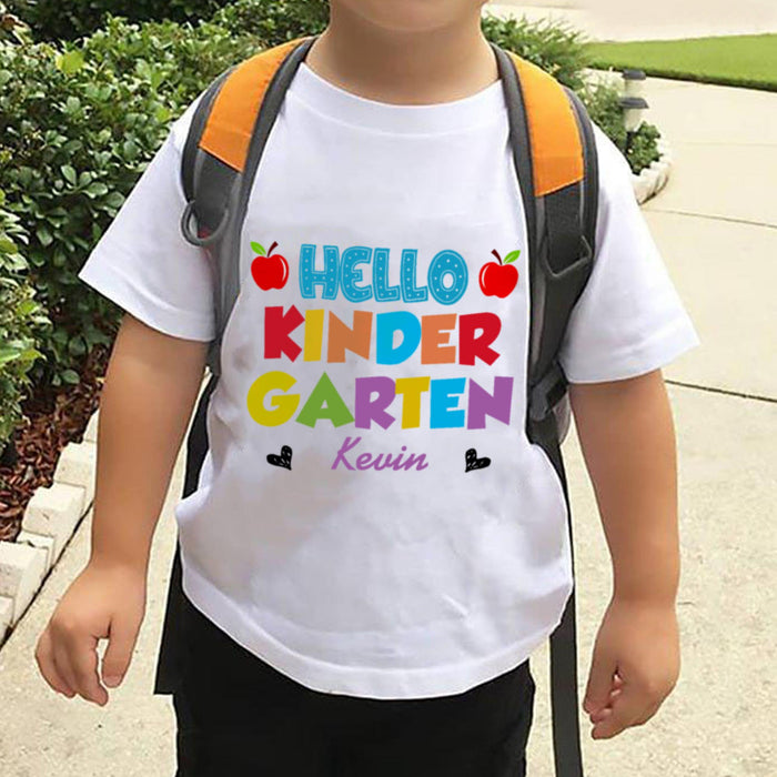 Personalized T-Shirt For Kids Hello Kindergarten Colorful Design Apple Print Custom Name Back To School Outfit