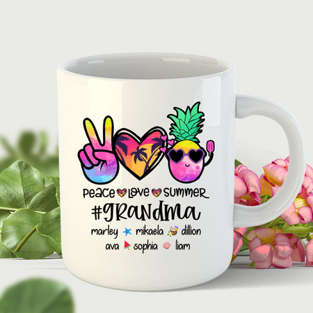 Personalized Ceramic Coffee Mug For Grandma Peace Love Summer Pineapple Print Custom Name 11 15oz Mother's Day Cup