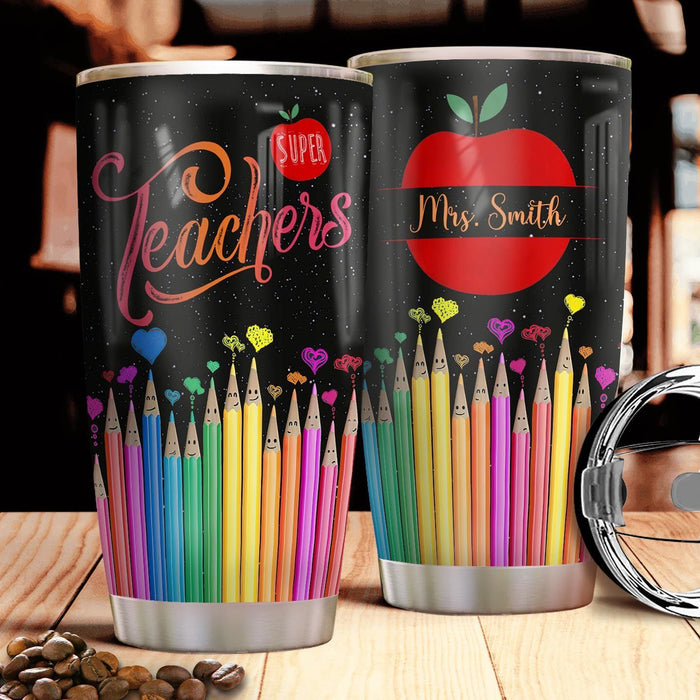 Personalized Travel Cup For Teacher Colorful Crayons Apple Super Teachers 20oz Tumbler Custom Name Back To School Gifts