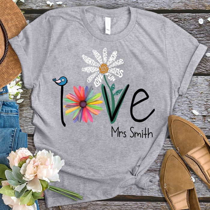 Personalized T-Shirt For Teacher Appreciation Love Daisy Flower Cute Bird Custom Name Shirt Gifts For Back To School