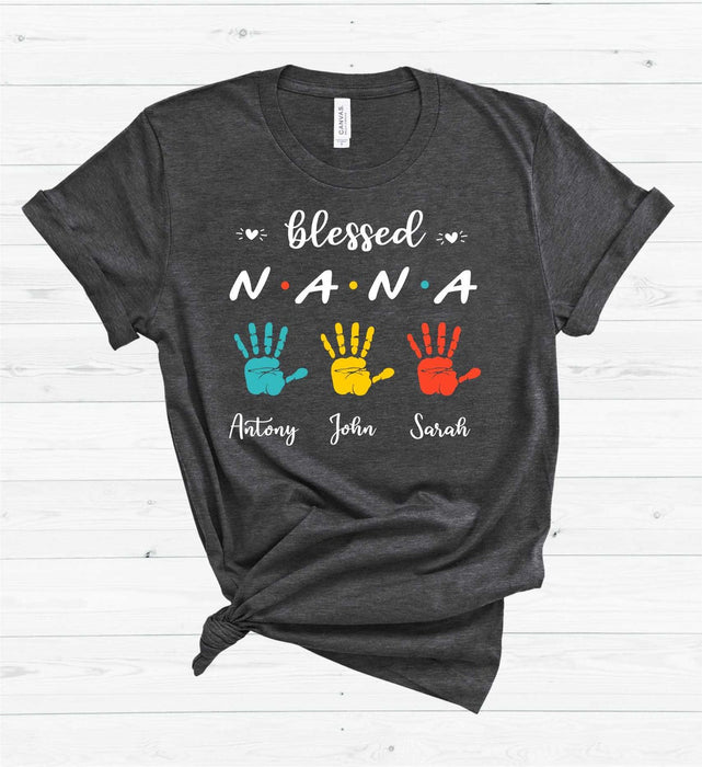Personalized T-Shirt For Grandma Blessed Nana Colorful Handprints Printed Custom Grandkids Name Mother'S Day Shirt