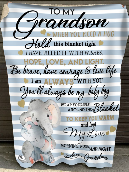 Personalized Blue Fleece Blanket To My Grandson Fron Grandma Pretty Elephants Hug Throw Blanket Customized Name