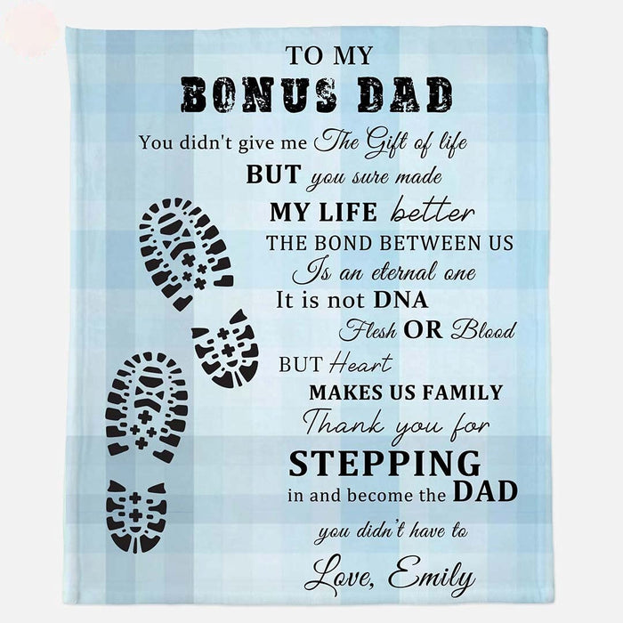 Personalized To My Bonus Dad Blanket From Son Daughter Footprint The Bond Between Us Custom Name Gifts For Christmas