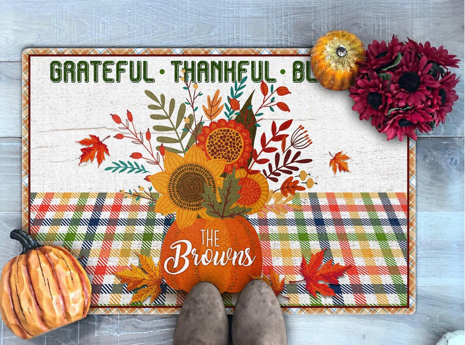 Personalized Welcome Doormat Grateful Thankful Blessed Jar Of Flower Plaid Design Custom Family Name