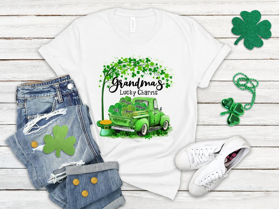 Personalized T-Shirt Grandma'S Lucky Charms Shamrocks Tree & Green Truck Printed Custom Grandkids Name St Patrick'S Day