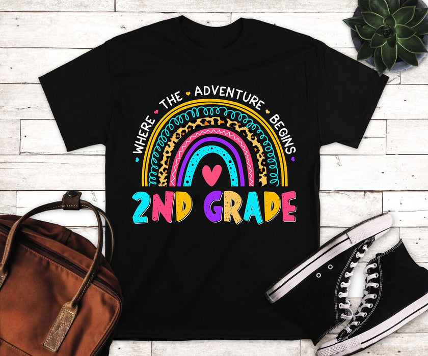 Personalized T-Shirt For Kids 2nd Where The Adventure Begins Leopard Rainbow Heart Printed Custom Grade Level