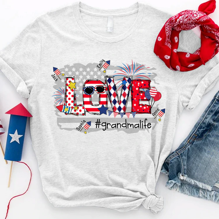 Personalized T-Shirt For Grandma Love Colorful USA Flag Design Custom Grandkids Name & Hashtag 4th Of July Shirt