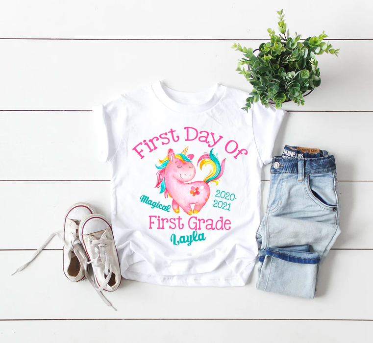 Personalized T-Shirt For Kid First Day Of First Grade Unicorn Print Custom Name & Year Back To School Outfit
