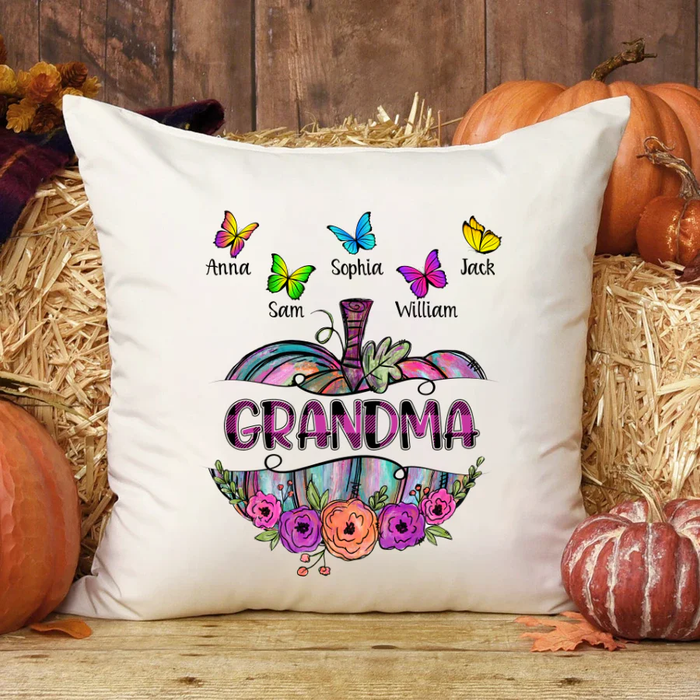 Personalized Square Pillow Gifts For Grandma Purple Pumpkin Butterflies Custom Grandkids Name Sofa Cushion For Christmas